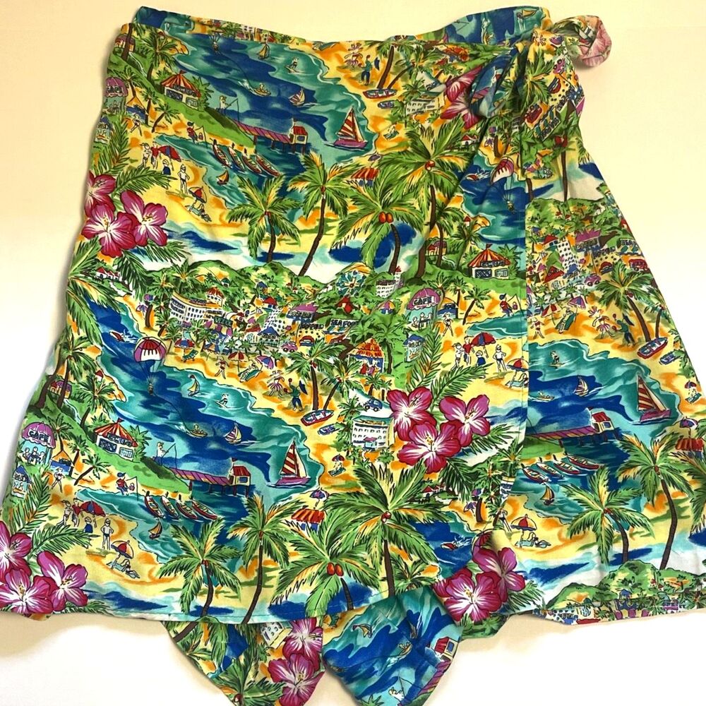 VTG Caribou NY 90s Tropical Print Womens Wrap Front Shorts L Novelty Hawaiian
